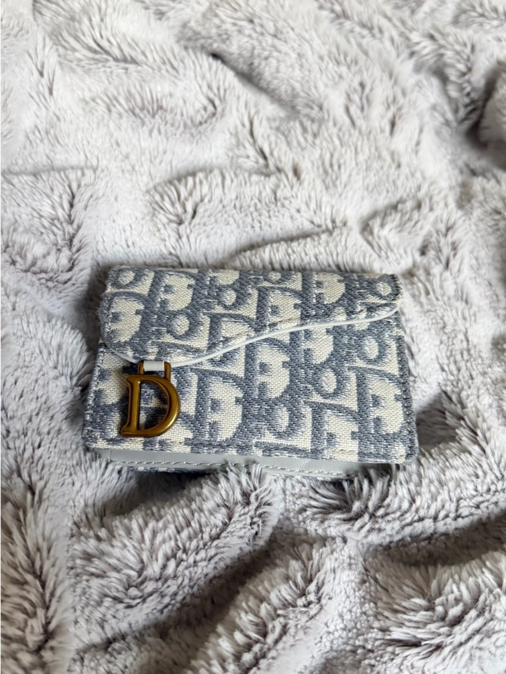 Blue and White Mini Fold Wallet with Gold 'D' Accent